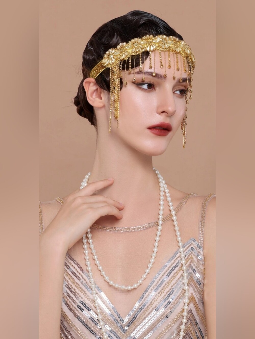 Babeyond Embellished Crystal Rhinstone Chain Headband In Gold 1920s Glamour